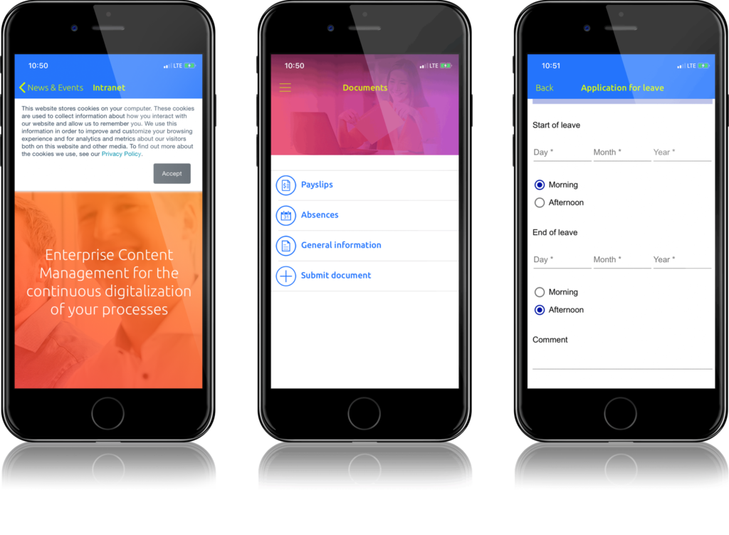 screenshots of employee app - screenshots show the intranet, documents and application for leave