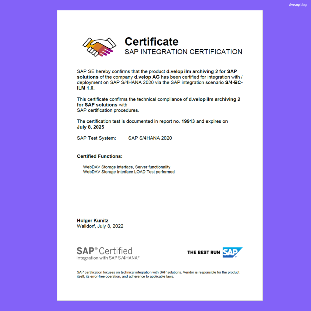 d.velop ILM archiving for SAP solutions certification