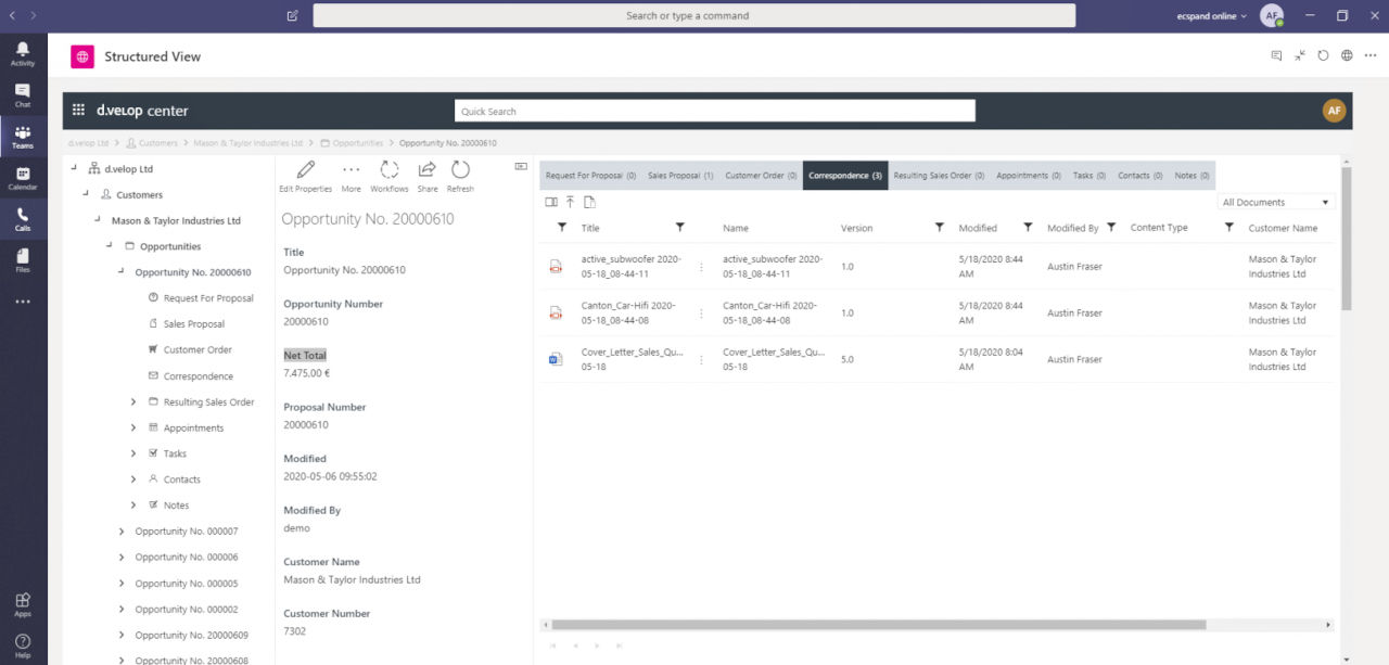 d.velop center integration in teams