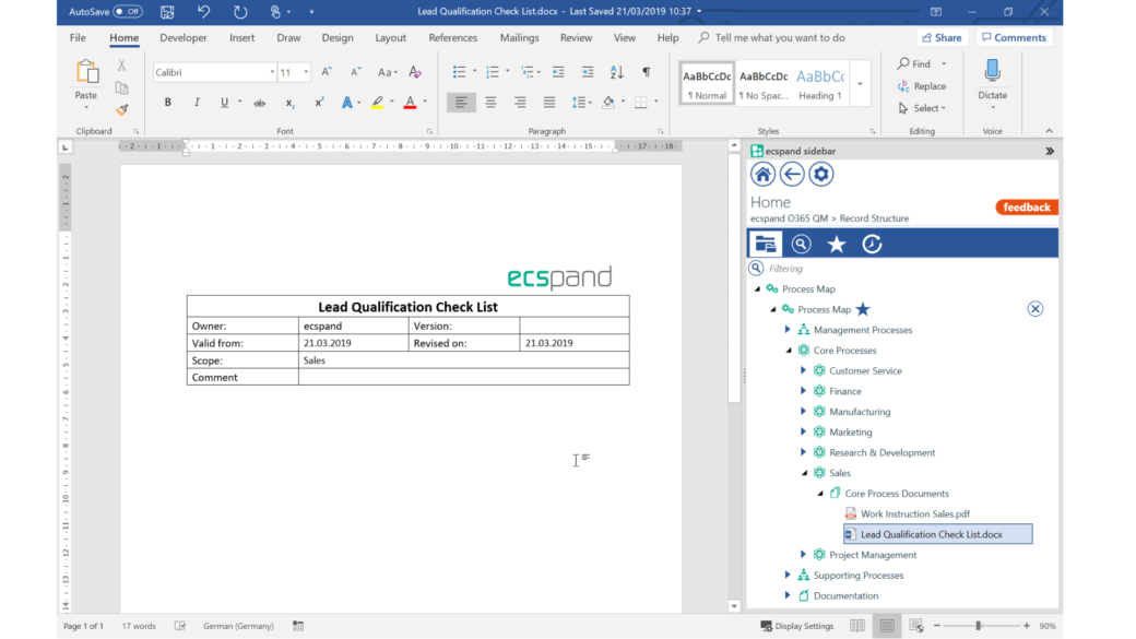 ecspand sidebar integrated in word - screenshot