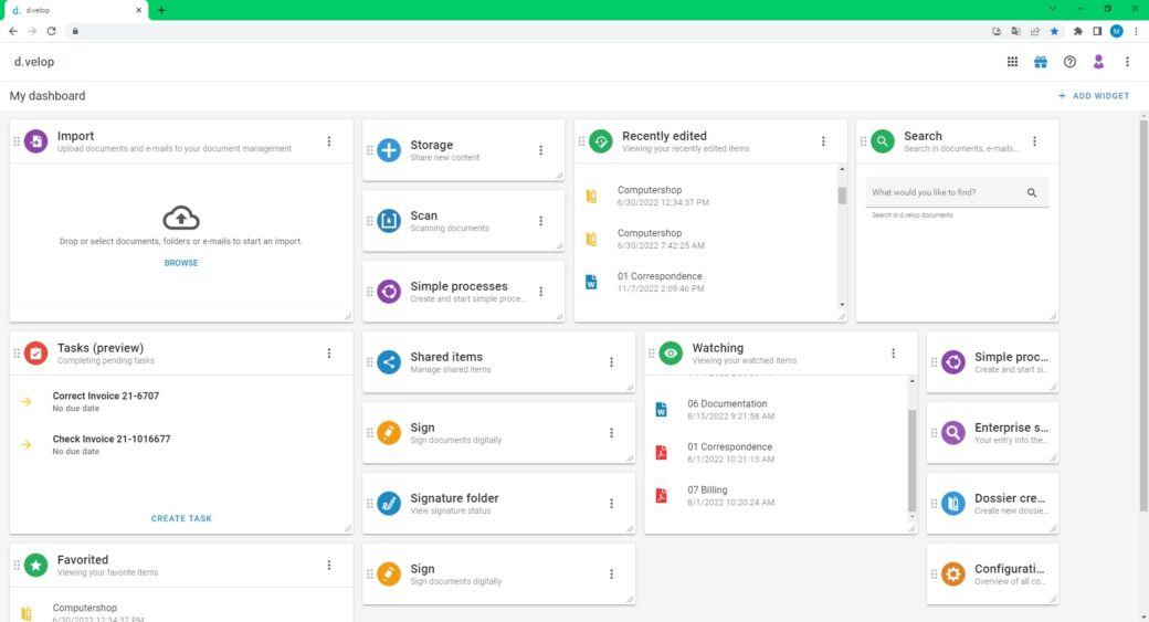 d.velop document management dms dashboard screenshot