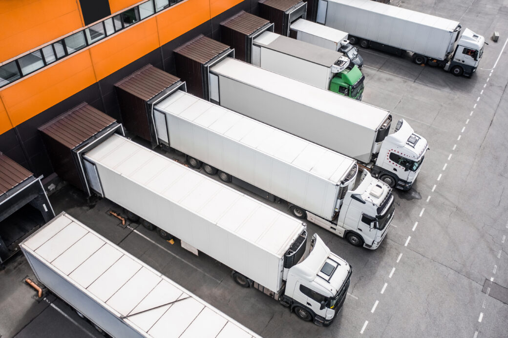 Aerial view of trucks loading in the distribution hub